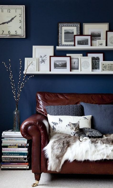 Brown leather sofa with navy blue wall Sofa Kulit, Brown And Blue Living Room, Furnitur Ruang Keluarga, Colors Combinations, Brown Leather Sofa, Brown Living Room, Blue Living Room, Blue Rooms, New Living Room