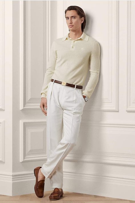 White Pants Outfit Men Formal, Old Money Outfits Polo Shirt, Old Money Loafers Outfit, Old Money White Pants, Old Money Belt, Old Money Polo Shirt, Old Money Trousers, Old Money Loafers, Timeless Clothing Pieces