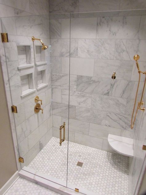 Glossy Shower Wall Tile, Tiny Shower With Bench, Large Square Shower Tile, Marble 12x24 Shower Tile, Shower Diverter 3 Way, Square Shower Floor Tile, Inside Shower Tile Ideas, Adu Bathroom, Marble Master Bath