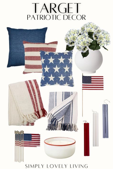 Red white and blue decor on a budget. Patriotic decor. Memorial Day decor. 4th of July decor. Summer decor. Stars and stripes. America. Americana. American flags. Candles. White vase. Faux hydrangeas. Target home decor. Target Finds. 4th Of July Kitchen Island Decor, Classy Fourth Of July Decor, Classy 4th Of July Decorations, Americana Decor Living Room, 4th Of July Table Centerpieces, Farmhouse 4th Of July, Joanna Gaines Decor, Red White And Blue Decor, White And Blue Decor