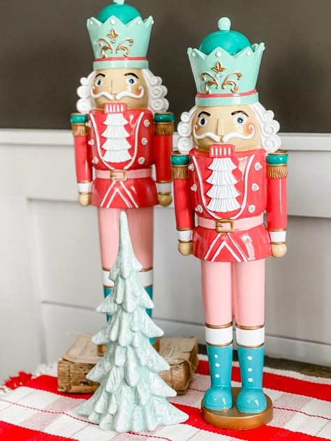 Candyland Christmas dining room - Re-Fabbed Christmas Nut Cracker, Nut Cracker Painting Ideas, Pastel Christmas Decor Ideas, Pastel Nutcracker Christmas, Nutcracker Candyland, Nutcracker Colors, Walmart Nutcracker Makeover, Painted Nutcracker Diy, Painting Nutcrackers