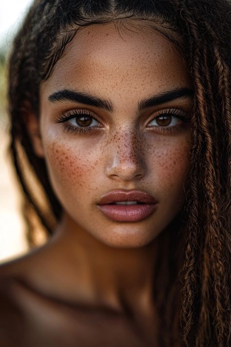 Celebrate natural beauty with this stunning close-up portrait of a woman whose freckles and glowing skin shine under the sun. Her captivating gaze and textured features reflect confidence and grace, making this image perfect for embracing the essence of self-love. 🌿🌞 #FrecklesAreBeautiful #GlowUp #NaturalBeauty #ConfidenceIsKey #RadiantSkin • Ricafeliz.com • 2024 Freckles On Brown Skin, Brown Hair And Freckles, Girl With Freckles, Beautiful Freckles, Acrylic Sculpture, Freckles Girl, Skin Shine, Inner Glow, Ethereal Makeup