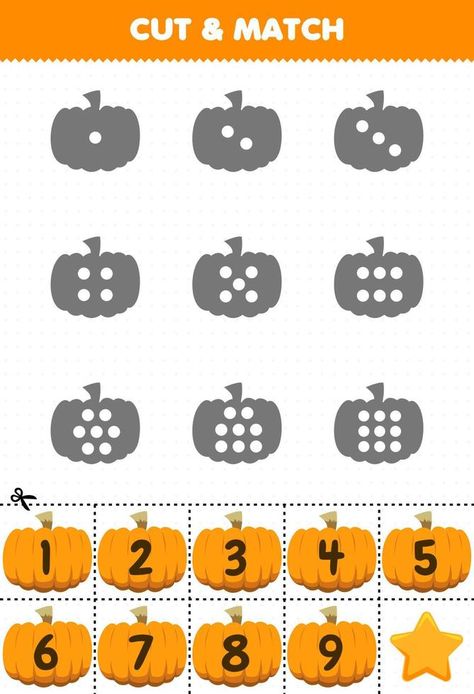 Educational game for kids count the dots on each silhouette and match them with the correct numbered orange pumpkin vegetables printable worksheet Vegetables Printable, General English, Pumpkin Vegetable, Counting For Kids, Thema Halloween, Educational Games For Kids, Educational Worksheets, Orange Pumpkin, Game For Kids