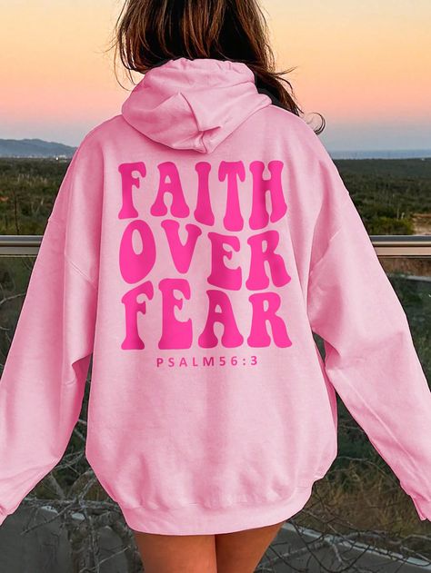 SHEIN EZwear Plus Size Letter Printed Drawstring Hooded Fleece Sweatshirt FAITH OVER FEAR PSALM 563I discovered amazing products on SHEIN.com, come check them out! Cute Outfits Dresses, Christian Sweatshirts, Drop Shoulder Hoodie, Christian College, Cute Hoodies, Christian Hoodies, Aesthetic Hoodie, Christian Sweatshirt, Faith Over Fear