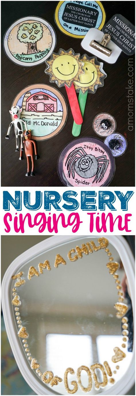 LDS Nursery Singing Time ideas with props, printables, song list, activities, actions, and ideas!! Perfect for singing with toddlers and preschoolers. #LDS #SingingTime #Nursery #Primary #Mormon #ImaMormon #Singing #KidsActivities #MusicActivities via @amomstake Nursery Singing Time, Lds Yw Activities, Lds Nursery, Singing Time Ideas, Lds Primary Singing Time, Primary Chorister, Nursery Songs, Primary Songs, Primary Singing Time