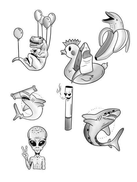 Funny Flash Art Tattoos, Wierd Tattoo Design, Flash Tattoo Sheets Simple, Weird Flash Tattoo, Silly Flash Tattoos, Tattoo Ideas Flash Sheet, Funny Shark Tattoo, Weird Tattoo Flash, Tattoo Flash Sheet Ideas