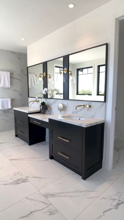 Alina Baraz, Bathroom Redecorating, Black Living Room Decor, Black White Bathrooms, Black Vanity Bathroom, White Bathroom Designs, House Bathrooms, Primary Bath, Washroom Design