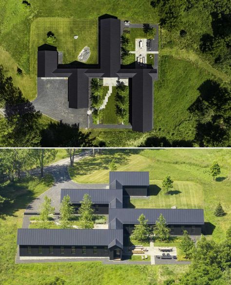 Two House Connected, Lake Champlain Vermont, Black Houses, A Modern House, Contemporary Barn, Dark Grey Walls, Architecture Collection, Warehouse Design, Cedar Siding