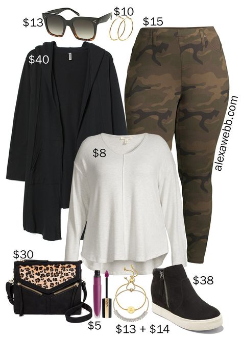 Plus Size on a Budget Outfit with Camo Pants, a Sweatshirt Hooded Cardigan, Wedge Sneakers, and a Leopard Crossbody Bag - Alexa Webb #plussize #alexawebb Outfit With Camo Pants, Plus Size On A Budget, Wedge Sneakers Outfit, Skater Girl Style, Alexa Webb, Plus Zise, Budget Outfits, Yoga Iyengar, Camouflage Pants