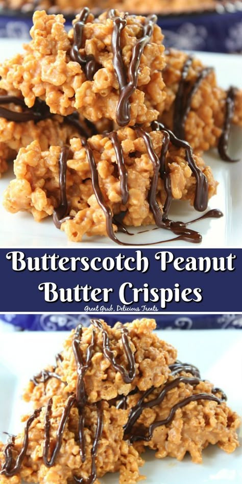 Butterscotch Peanut Butter Crispies are delicious treats with butterscotch morsels, peanut butter and coarsely crushed rice Krispies all mixed together then drizzled with chocolate. #butterscotch #peanutbutter #desserts #nobakedesserts #greatgrubdelicioustreats Butterscotch Peanut Butter, Butterscotch Desserts, Peanut Butter Rice Krispies, Peanut Butter Balls Recipe, Averie Cooks, Krispie Treats Recipe, Cereal Treats, Krispy Treats, Peanut Butter Cookie