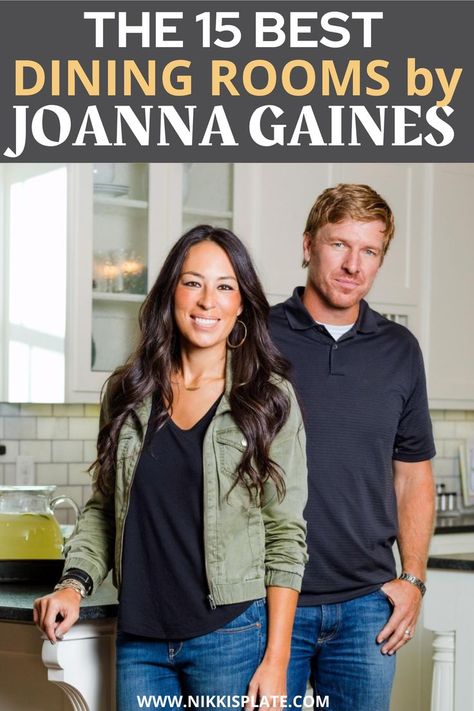 15 Best Dining Rooms by Joanna Gaines; Fixer upper's top dining room renovations by Joanna and chip Gaines! These rustic, country with hints of modern perfection dining rooms are everything Farmhouse Dining Room Curtains Joanna Gaines, Farmhouse Dining Room Lamp, Pretty Dining Room Ideas, Dining Table Rustic Modern, Fixer Upper Dining Room Joanna Gaines, French Country Chandeliers, Rustic French Dining Room, Dining Room Inspiration Modern Farmhouse, Chandeliers For Round Dining Table