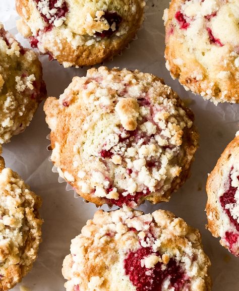 The yummiest one-bowl (ish) Easy Raspberry Muffins start with a moist sour cream muffin batter that is loaded with lemon and bursting with fresh raspberries (frozen raspberries can be used too!). Each muffin is topped with buttery, crispy streusel topping (perfection). Lots of tips on getting a nice, tall muffin top as well as an optional overnight batter rest so you can have fresh-baked muffins in the morning! Raspberry Sourdough Muffins, Strawberry Muffins With Crumb Topping, Raspberry Crumble Muffins, Healthy Raspberry Muffins, Raspberry Streusel Muffins, Streusel Topping Recipe, Raspberry Muffin Recipes, Baked Muffins, Sour Cream Muffins