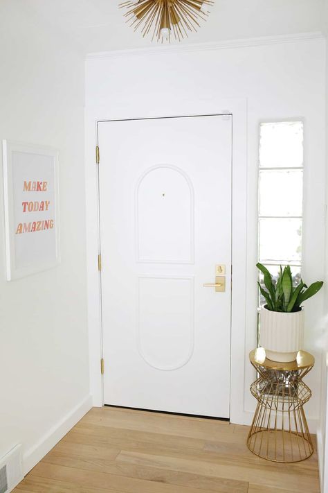 DIY Arched Door Trim (with Flexible Molding!) #archeddoor #doortrim #abeautifulmess Arched Door Trim, Hallway Before And After, Hallway Remodel, Door Update, Painting Doors, Flexible Molding, Arched Wall, Door Plan, Round Moulding