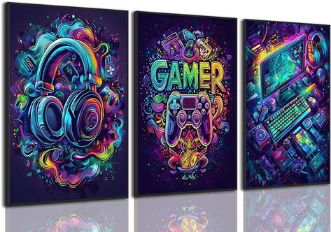 Amazon.com: Yolbcdr Gaming Posters Video Game Wall Art Set of 3 Game Room Decor Cool Gaming Sign Pictures Prints Graffiti Gamepad Headphones Canvas Painting Gamer Wall Decor for Boys Bedroom 12x16in Unframed: Posters & Prints Boys Game Themed Bedroom, Nintendo Room Decor, Gamer Wall Decor, Gaming Painting, Video Game Room Decor, Video Game Wall, Gamer Wall Art, Minimalist Dorm