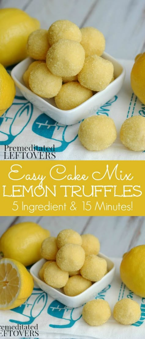 These quick and easy cake mix lemon truffles are absolutely delicious! This lemon truffle recipe only used 5 ingredients and takes 15 minutes to make. No baking required. It is an easy dessert recipe, but also makes a lovely hostess gift. Lemon Balls Recipe, Lemon Truffle Recipe, Lemon Ball, Lemon Truffle, Lemon Truffles, Diy Easy Recipes, Lemon Cake Mixes, Easy Summer Desserts, Truffle Recipe