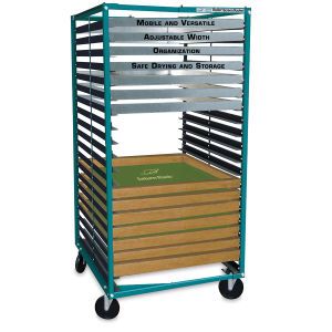 Rolling Screen Racker - 20 Shelves, Rack, 15'' to 46'' | BLICK Art Materials Portable Screen, Shelves Rack, Screen Printing Equipment, Studio Storage, Teacher Breakfast, Printmaking Supplies, Graffiti Words, Screen Printing Machine, Plastic Shelves