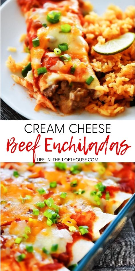 Beef Enchiladas With Red Sauce And Cream Cheese, Ground Meat Cream Cheese Recipes, Sour Cream Ground Beef Enchiladas, Dinner Recipe With Cream Cheese, Enchiladas Recipe Beef, Beef Enchiladas With Queso, Beef Enchiladas With Cheese Sauce, Ground Beef Cream Cheese Recipes, Easy Enchiladas Beef