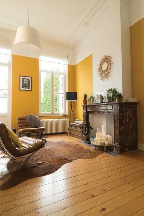 Yellow Bohemian Living Room, Home Office Yellow Walls, Bright Walls Living Room, Mustard Yellow Walls Living Room, Yellow Walls Living Room Decor, Mustard Walls Living Room, Yellow Wall Room, Yellow Wall Design, Bright Wall Colors