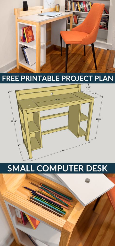 This project proves that a desk doesn’t have to be big or bulky to offer lots of work and storage space. From storage trays under the desktop to the built-in tray at the back for charging devices to shelves underneath, it’s packed with clever features that prove good things come in small packages. Click Pin for the free project plans! Small Computer Desk, Modern Computer Desk, Desk Plans, Small Computer, Small Space Bedroom, Bookcase Design, Desk Ideas, Small Space Diy, Trendy Living Rooms