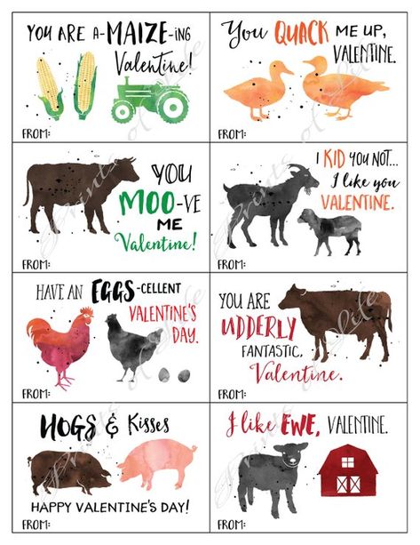 Valentines Day Cards For School, Kids Valentines Day Cards, Corny Valentines, Lunchbox Cards, Hate Valentines Day, Kids Valentines Day, Valentines Bricolage, Watercolor Farm, Barn Animals