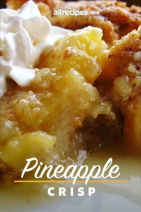 Pineapple Crisp | "I used one can crushed pineapple and one can pineapple tidbits. The topping was quite sweet which was actually a nice contrast with the pineapple." #dessertrecipes #dessertideas #sweettreats Pineapple Crisp, Crisp Desserts, Pineapple Dessert Recipes, Pineapple Desserts, Pineapple Recipes, Crisp Recipe, Crushed Pineapple, Dessert Dishes, Köstliche Desserts