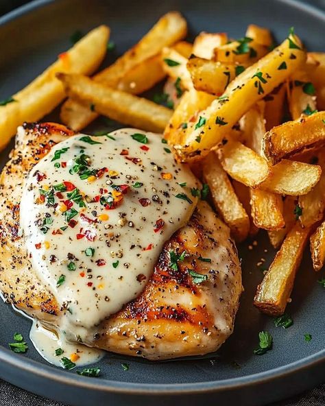 Creamy Mustard Chicken with Crispy French Fries Creamy Mustard Chicken, Continental Cuisine, Mustard Cream Sauce, Food For Dinner, Chicken Burgers Recipe, Bariatric Food, Crispy French Fries, Food Pic, Fried Chicken Breast