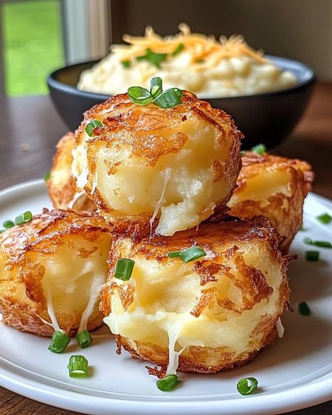 Cheesy Mashed Potato Puffs Mashed Potatoes With Vegetables, Creamy Mushroom Side Dish, Potato Based Appetizers, Super Bowl Potato Appetizers, Cheesy Potato Croquettes, Cheesy Mash Potato Puffs, Mashed Potatoes Appetizer, Mashed Potato Dishes, Chewy Potato Balls