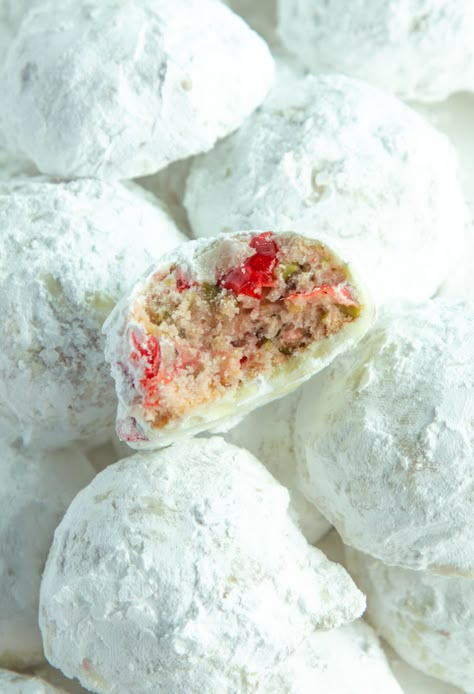 Cherry Pistachio Snowball Cookies - Cake Me Home Tonight Pistachio Snowball Cookies, Pistachio Pudding Cookies, Cake Me Home Tonight, Cherry Pistachio, Pecan Snowballs, Pecan Snowball Cookies, Meltaway Cookies, Almond Shortbread, Almond Shortbread Cookies