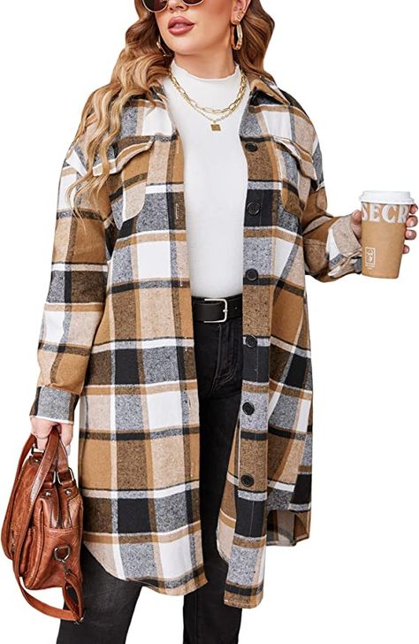 IN'VOLAND Womens Plus Size Flannel Plaid Shirts Long Sleeve Lounge Lapel Boyfriend Button Down Tartan Long Jacket Coats 24W Brown at Amazon Women’s Clothing store Plus Size Flannel, Long Flannel, Boyfriend Plaid Shirt, Jeans Cardigan, Flannel Coat, Plaid Shacket, Womens Flannel Shirt, Long Coat Jacket, Plaid Shirts