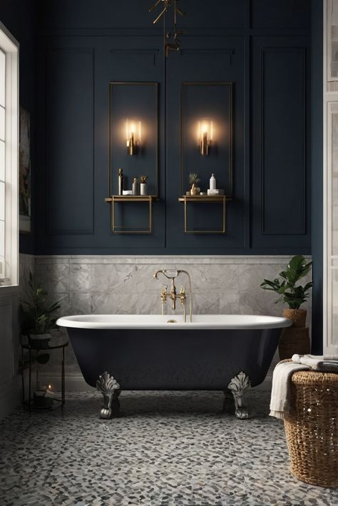 Smokey Blue Bathroom, Sw Cyberspace, Bathroom Navy Blue, Bad Inspo, Small Dark Bathroom, Paint Colors 2024, Bright Room Colors, Blue Green Bathrooms, Green Bathrooms