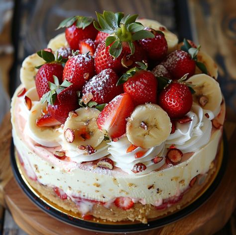 Banana Strawberry Cheesecake Banana Strawberry Cheesecake, Strawberry Cheesecake Banana Pudding, Banana Cheesecake Recipe, Strawberry Banana Cakes, Strawberry Shortcake Cheesecake, Chocolate Bar Recipe, Strawberry Cheesecake Recipe, Homemade Strawberry Sauce, Banana Cheesecake