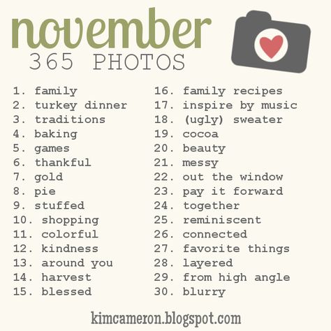 Kim Cameron's Designs: 365 Photos Challenge 365 Day Photo Challenge 2024, 365 Photo Challenge Ideas, November Photo Challenge 2024, Monthly Photo Challenge, November List, November Photo Challenge, Monthly Prompts, 365 Photo Challenge, Photography Bucket List