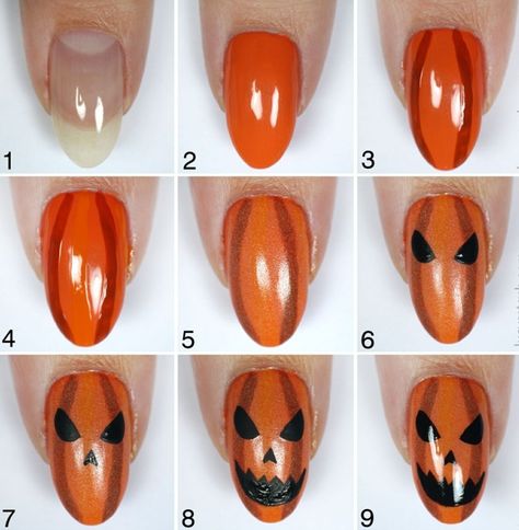 nail art Halloween facile citrouille-narquoise Halloween Nail Step By Step, Pumpkin Nails Tutorial, Step By Step Halloween Nails, Jack O Lantern Nail Art, Pumpkin Face Nails, Halloween Diy Nails, Easy Halloween Nails Simple, Easy Halloween Nails Diy, Jackolantern Nails