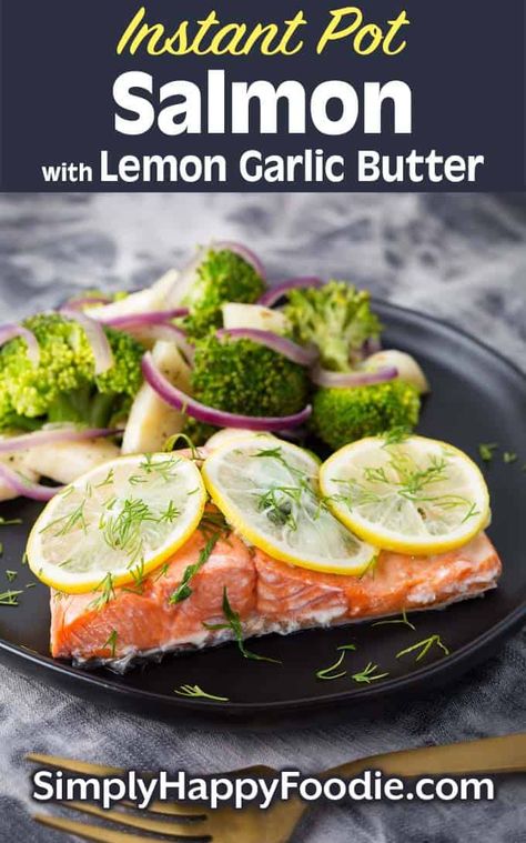 Instant Pot Lemon Butter Salmon is delicious with a buttery lemon and garlic sauce. This easy Instant Pot salmon recipe can be done in 30 minutes. Pressure cooker salmon with lemon butter sauce is wonderful served with rice, or vegetables that you can cook at the same time! simplyhappyfoodie.com #salmon #instantpotsalmon #pressurecookersalmon #easysalmon Salmon With Lemon Butter Sauce, Pressure Cooker Salmon, Instant Pot Salmon, Lemon Butter Salmon, Salmon With Lemon, Butter Salmon, Lemon Butter Sauce, Baked Salmon Recipes, Healthy Instant Pot Recipes