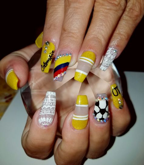 Colombia soccer nails Colombian Nails, Soccer Nails, Colombia Soccer, Colombia Flag, Colombia South America, Nail Design, South America, Creative Design, Acrylic Nails