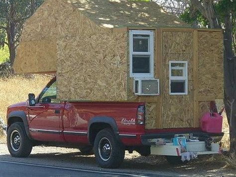 Unfinished OSB wood sided custom camper. Here is a a really unique designed camper. It is mounted to a 4x4 Chevrolet truck. Diy Truck Bed Camper, Diy Truck Camper, Wooden Truck Bedding, Pickup Camping, Truck Camper Shells, Slide In Truck Campers, Homemade Camper, Chevy 4x4, Truck Bed Camping