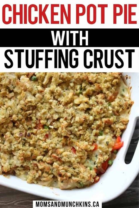 Easy Meal - Chicken Pot Pie with Stuffing Crust! I make this casserole a few times a month because the family loves it and it is such an easy dinner to make. If you love Chicken pot pie than you will enjoy the Chicken Pot Pie with Stuffing Crust topping. Chicken Pot Pie Casserole With Rice, Chicken Pot Pie Casserole Stuffing Top, Stuffing Topped Chicken Pot Pie, Chicken Pot Pie With Stuffing, Chicken Pot Pie For A Crowd, Chicken Pot Pie Stuffing Crust, Chicken Pot Pie With Stove Top Stuffing, Stove Top Stuffing Rotisserie Chicken Casserole, Chicken Pot Pie With Stuffing Crust