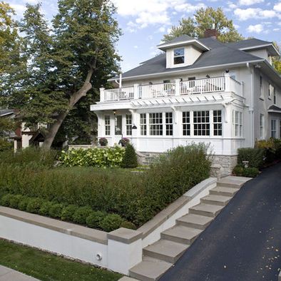 Steep Driveway, Traditional Exterior Homes, Indoor Landscaping, Renovation Exterior, White Exterior Houses, Sunroom Addition, Driveway Design, Driveway Landscaping, Outdoor Steps