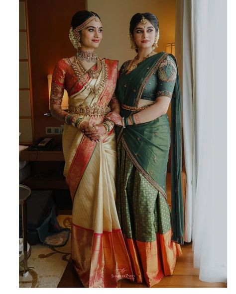 South Indian Bride Sister Outfit, Wedding Sarees For Bride Sister, South Indian Wedding Outfits Sisters, Bride Saree South Indian, Dhaare Saree, South Indian Bridesmaids Outfits, Talambralu Saree, Maharashtra Wedding, South Indian Bridesmaids