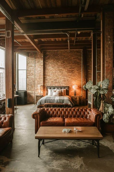 Transform your space with these amazing industrial loft apartment ideas. From exposed brick to open floor plans each tip adds character and charm. Think vintage furniture modern lighting sleek finishes and unique decor. Create a cozy yet stylish home that reflects your personality with these fun design elements and inspirations. https://fabricerie.com/industrial-loft-apartment Apartment With Exposed Brick, Red Industrial Interior, Loft Inspo Aesthetic, Loft Apartment Inspiration, Industrial Apartment Aesthetic, New York Apartment Aesthetic Interior, Brick Loft Apartment, Old New York Apartment, Artist Loft Apartment