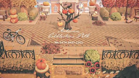 Acnh Fall Brick Path, Animal Crossing Fall Codes, Acnh Brick Path, Cobblestone Path, Fall Deck, Ac Ideas, Acnh Inspiration, Brown City, City Theme