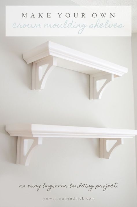 DIY Crown Moulding Shelves | Learn how to make these easy crown moulding shelves… Cafe Shelves, Easy Crown Molding, Crown Molding Shelf, Diy Crown Molding, Easy Woodworking Ideas, Diy Tumblr, Table Farmhouse, Diy Crown, Crown Moulding