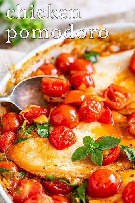 This classic chicken pomodoro is a hearty, flavorful meal for the whole family. Plus, it is all cooked in one pan. The recipe takes less than 30 minutes and is the perfect example of how a few simple ingredients can be transformed into something extraordinary. The juicy chicken cutlets are nestled in a cherry tomato sauce that's both sweet and savory. You'll want to ensure you have some crusty bread to soak up all the delicious sauce. Chicken Pomodoro, Bread Cutlet, Spinach Mushroom Pasta, Chicken Breast Cutlet, Cherry Tomato Sauce, Pasta Side Dishes, Mushroom Pasta, Spinach Stuffed Mushrooms, Cherry Tomato