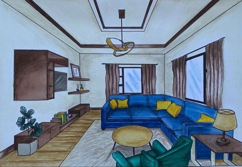 Breathing Life into Your Space through the Skill of Sketching Living Room One Point Perspective Sketch, Interior 1 Point Perspective, 1 Perspective Room, Living Room Sketch Drawings, One Point Perspective Room Interiors, Living Room Sketch Perspective, Living Room One Point Perspective, Living Room Perspective Drawing, Perspektif 1 Titik Hilang Interior