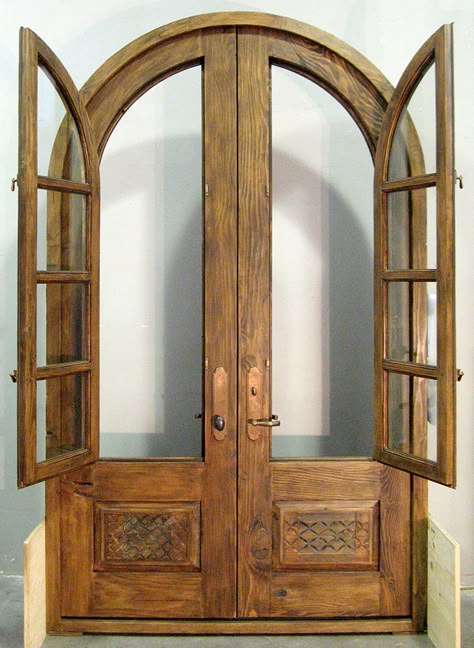 Custom French Doors - La Puerta Originals Arched Wooden Double Front Door, Vintage French Doors Patio, Spanish Double Doors, Curved French Doors, Vintage Office Door, Antique Arched Doors, Arch Double Doors Interior, French Chateau Doors, Dutch French Doors