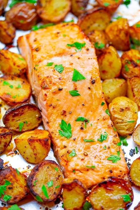 Baked Salmon And Potatoes, Salmon And Potatoes, Salmon Potatoes, Cilantro Lime Salmon, Dijon Salmon, Lemon Butter Salmon, Salmon And Broccoli, Mustard Salmon, Averie Cooks