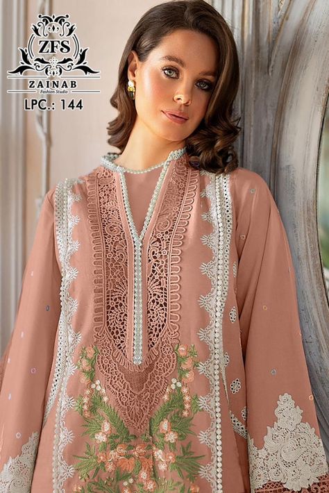 Lpc 144 Zainab Fashion Studio Georgette Embroidery Pakistani Readymade Suits Suit With Lace, Types Of Suits, Sobia Nazir, Pakistani Boutique, Code Design, Eid Dress, Lace Suit, Lawn Design, Pakistani Designer Clothes