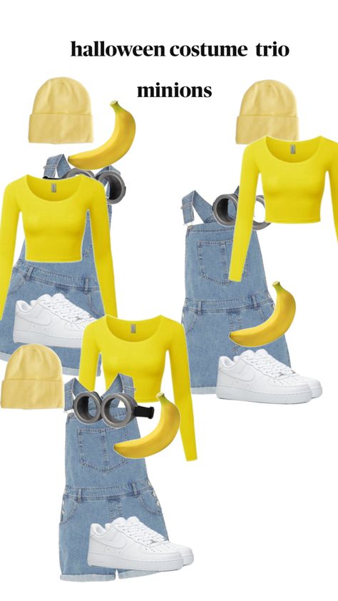 Cute Minion Costume, Preppy And Aesthetic, Costume Halloween Duo, Minion Outfit, Fun Halloween Outfits, Alien Halloween Costume, Minion Costume, Trio Costumes