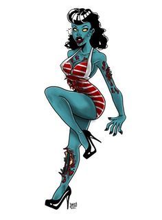 Zombie Pin Up, Zombie Tattoos, Arte Zombie, Halloween Pin Up, Pin Up Girl Tattoo, Rockabilly Art, Zombie Monster, Zombie Art, Zombie Girl