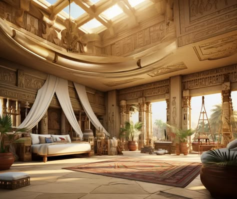 Arabian Palace Bedroom, Egyptian Architecture Concept Art, Ancient Egypt Bedroom, Egyptian Castle Fantasy Art, Ancient Egyptian Bedroom, Ancient Egypt Palace, Ancient Egyptian Interior Design, Egyptian Mansion, Egyptian Castle